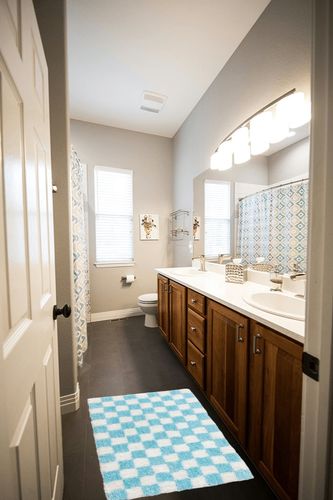 Banilla Bathroom Rugs, Extra Soft Double Thickness Microfibre, Super Absorbent with Non Slip Rubber Backing, Quick Drying, Machine Washable Bath Mats for Bathroom Floor, Shower & Sink, 20" x 31" Blue in Wooden and Grey Bathroom