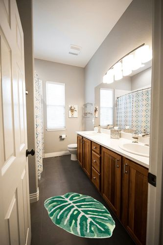 FrecklePot Monstera Non Slip Bath Mat or Kitchen Tufted Rug, Plant Leaf Shaped Kids Pets Floor Mat Carpet, Green, 31.5" x 23.6" in Wooden and Grey Bathroom