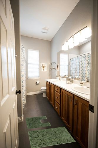 Bathroom Rugs Luxury Chenille Mat Set, Soft Plush Shower Rug + Toilet Mat, Microfiber Shaggy Carpet, Super Absorbent, Machine Washable (Curved Set, 32" x 20"/20" x 20", Loden) in Wooden and Grey Bathroom