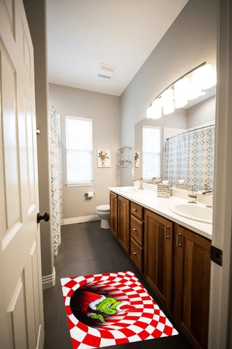 wiemsdoy Merry Grinchmas Christmas Rugs and Mat, Non-Slip Visual 3D Illusion Door Mat,for Christmas Indoor Outdoor Home Party (1.6FT x 2.6FT, Red) in Wooden and Grey Bathroom