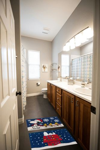 Gertmenian Peanuts Coir Mat (2-Pack), Indoor Outdoor Welcome Mats for Front Door, Home Entrance, Garage, and Back Door, Home Decor, 20" x 34" Each, Snoopy Snowflake/Dog House Lights, 80004 in Wooden and Grey Bathroom