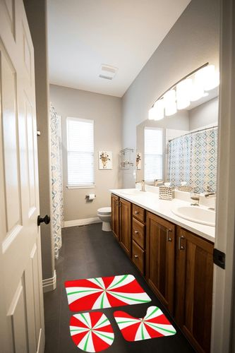 Bathroom Rugs Set 3 Piece Red and Green Candy Christmas Bath Rug Mat Set, Non Slip Absorbent Bathroom Decor Mat, Toilet Lid Cover & U Shaped Contour Rug in Wooden and Grey Bathroom