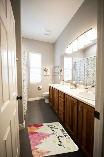 Christmas Bathroom Rugs for Kids Boys Girls Pink Christmas Tree Bath Rugs for Shower Tub Golden Snowflakes Bath Mats for Bathroom Decor Xmas Theme Bathroom Accessories 20"x32" in Wooden and Grey Bathroom