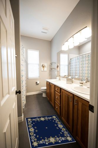 OComster Christmas Rectangle Shape Large Area Rugs - 2 x 3 Feet Yellow White Snowflake Winter Navy Blue Xmas - (Non-Woven + Rubber) Low File Floor Mat in Wooden and Grey Bathroom