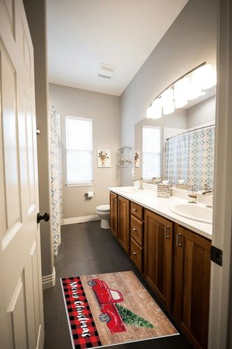 Area Rug 2x3 Feet, Xmas Tree Red Buffalo Plaid Snowflake Christmas Vintage Red Truck Rug, Rugs for Living Room Decor Bedroom Decor Kids Room, Non-Slip Living Room Rugs, Comrft Carpet Washable Rug in Wooden and Grey Bathroom