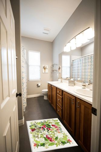 OComster Christmas Rectangle Shape Large Area Rugs - 2 x 3 Feet Xmas Pine Needle Green Leaf Red Berry Watercolor - (Non-Woven + Rubber) Low File Floor Mat in Wooden and Grey Bathroom