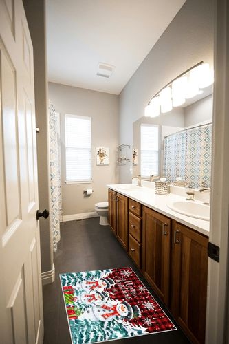 Merry Christmas Area Rug for Living Room, Rectangular Indoor Carpet - 2' x 3', Snowflake Snowman Xmas Tree Red Plaid Non-Skid Bathroom Mat Kitchen Runner Rugs for Bedroom in Wooden and Grey Bathroom