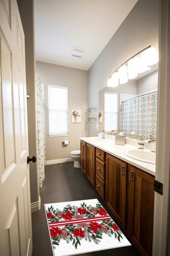 Christmas Area Rug for Living Room, Rectangular Indoor Carpet - 2' x 3', Xmas Poinsettia Pinecone Green Leaf Berry Red Striped Non-Skid Bathroom Mat Kitchen Runner Rugs for Bedroom in Wooden and Grey Bathroom
