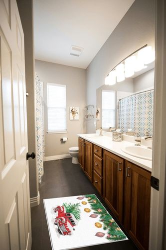 Area Rug 2x3 Feet, Merry Christmas Vintage Red Truck with Xmas Tree Pine Berry Rug, Rugs for Living Room Decor Bedroom Decor Kids Room, Non-Slip Living Room Rugs, Comrft Carpet Washable Rug in Wooden and Grey Bathroom