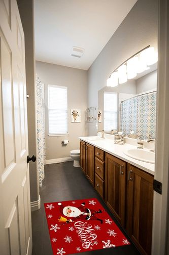 2' x 3' Area Rug, Merry Christmas Non-Skid Rubber Backing Large Rectangle Rugs - Living Room Bedroom Home Office Red Santa Snowflake Xmas Small Bell Indoor Floor Mat Carpets in Wooden and Grey Bathroom