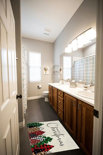 OComster Merry Christmas Rectangle Shape Large Area Rugs - 2 x 3 Feet Red Green Plaid Xmas Tree Snowflake Burlap - (Non-Woven + Rubber) Low File Floor Mat in Wooden and Grey Bathroom