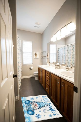 Hello Winter Gnomes Area Rug for Living Room Bedroom 2x3, Large Runner Rug Carpet Washable Rugs Non-Shedding Floor Cover Mat for Kitchen Dining Kids Room Decor Christmas Snowflake Glove Blue in Wooden and Grey Bathroom