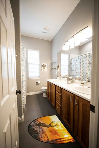 FengQuGou Christmas Deer Half Round Doormat Forest Sunset Washable Semi Circle Area Rug Non Slip Absorbent Half Moon Rug for Indoor Outdoor Bathroom Kitchen Living Room Fireplace Floor Mat in Wooden and Grey Bathroom