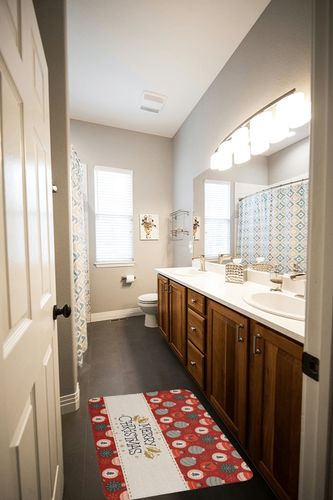 Door Mat Merry Christmas Memory Foam Cushioned Kitchen Rug, 20x31.5 Inch Water Absorbent Soft Touch Standing Mat for Bathroom, Office, Sink, Laundry, Home Red Grey Xmas Balls Snowflakes Tiled in Wooden and Grey Bathroom