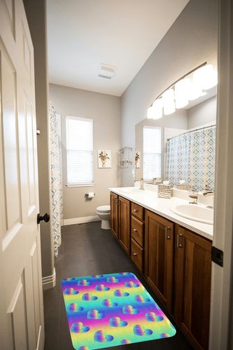 spefrowx Kids Rainbow Rugs Psychedelic Galaxy Fluffy Rugs, Neon Gradient Love Heart Indoor Entry Rug Colorful Ombre Non Slip Bathroom Carpet, Glowing Hearts Super Absorbent Floor Mats Decoratives in Wooden and Grey Bathroom