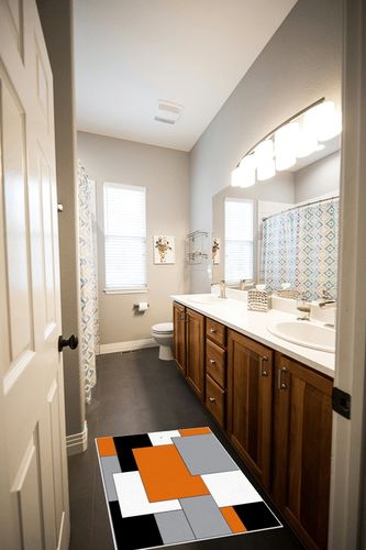 Abstract Color Block Orange Black Gray Area Rug, Orange Black Geometric Pattern Indoor Washable Carpet, Large Non-Slip Machine Decorative Rug for Living Room Dining Room Farmhouse-2' x 3' in Wooden and Grey Bathroom