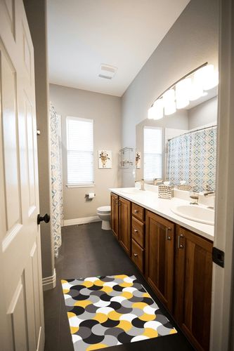 Shag Door Mats Bath Rugs Yellow Grey Abstract Geometric,Soft Fluffy Doormats Non Slip Carpet Mid Century Black White Color Block,Shaggy Fuzzy Area Throw Rug for Kitchen/Bathroom/Bedroom 20x31.5In in Wooden and Grey Bathroom