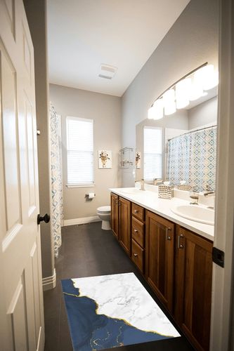 Abstract Marble Plush Shag Bath Rugs Dark Blue White Grey Color Gradient Soft Fluffy Floor Doormat Carpet,Non-Slip Door Mats for Living Room Bedroom Kitchen Entryway Golden Lines in Wooden and Grey Bathroom