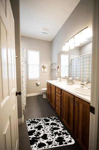 Cow Fur Print Rugs Boys Black White Cowhide Fluffy Rugs for Bedroom,Animal Skin Print Durable Indoor Entry Rug Teens Farmhouse Cow Print Non Slip Bathroom Carpet Floor Mats 30x18 inch in Wooden and Grey Bathroom