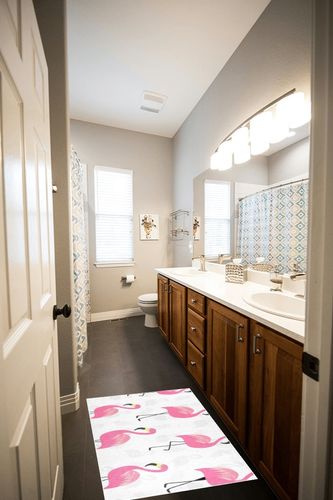 Pink Flamingo Bathroom Rugs Fluffy Absorbent Bath Mat Machine Washable Soft Microfiber Shaggy Kitchen Mat Non Slip Carpet Runner for Kitchen Bathroom Bathtub Accessories Decor in Wooden and Grey Bathroom