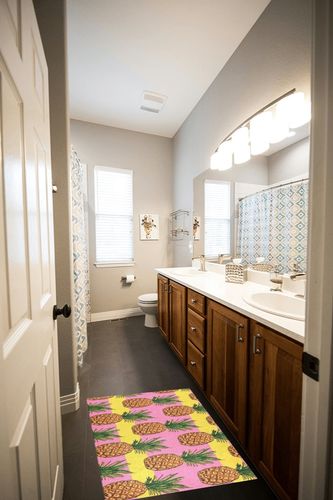 Pineapple Yellow Pink Stripes Bathroom Rugs Fluffy Absorbent Bath Mat Machine Washable Soft Microfiber Shaggy Kitchen Mat Non Slip Carpet Runner for Kitchen Bathroom Bathtub Accessories Decor in Wooden and Grey Bathroom