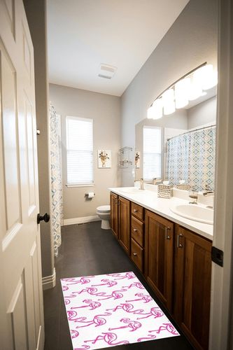Flamingo Pink Bathroom Rugs Fluffy Absorbent Bath Mat Machine Washable Soft Microfiber Shaggy Kitchen Mat Non Slip Carpet Runner for Kitchen Bathroom Bathtub Accessories Decor in Wooden and Grey Bathroom