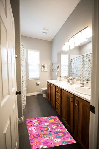 Cute Pink Rainbows Clouds Bathroom Rugs Fluffy Absorbent Bath Mat Machine Washable Soft Microfiber Shaggy Kitchen Mat Non Slip Carpet Runner for Shower Floor Layered Front Door Mats Porch in Wooden and Grey Bathroom