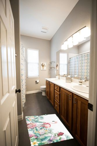 Summer Flamingo Tropical Plant Plush Shag Bath Rugs Green Leaves Flower Soft Fluffy Floor Doormat Carpet,Non-Slip Door Mats for Living Room Bedroom Kitchen Entryway Watercolor Plant in Wooden and Grey Bathroom