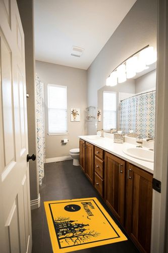 Halloween Plush Shag Bath Rugs Black Tree Haunted House Soft Fluffy Floor Doormat Carpet,Non-Slip Door Mats for Living Room Bedroom Kitchen Entryway Moon on Yellow in Wooden and Grey Bathroom