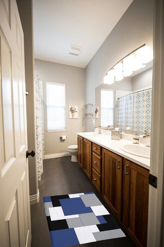 Navy Blue Black Gray White Checkered Ultra Soft Bathroom Rug, Shag Floor Bath Mat Warm Fluffy Carpet Non-Skid Shaggy Washable Door Mats, Abstract Art Color Blocks Entrance Welcome Rugs18 x30 in Wooden and Grey Bathroom