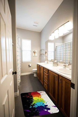 Rainbow Tie Dye Rugs,Colorful Splash Paint Fluffy Rugs for Bedroom Multicolor Grafitti Durable Indoor Entry Rug Luxury,Modern Abstract Non Slip Bathroom Carpet Black White 18x30 inches in Wooden and Grey Bathroom