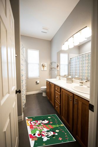 Flagology.com, Doormat, Disney Oh Boy Christmas Mickey and Minnie Doormat - 18" x 30", Outdoor/Indoor, Heavy Duty Recycled Rubber, Non-Slip Backing, Christmas in Wooden and Grey Bathroom