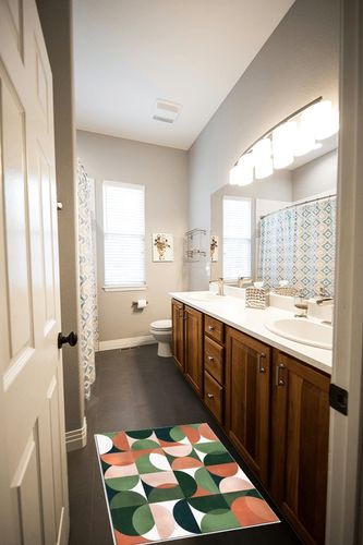 Mid Century Indoor Area Rug Doormat- Green Peachy Color Block Abstract Geometry Rug, Modern Art Rug for Living Room/Bedroom/Front Porch/Hallway/Farmhouse, 2'x3' in Wooden and Grey Bathroom