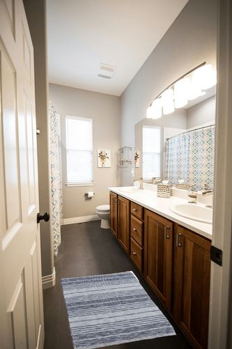 DII Woven Rag Rug Collection Recycled Yarn Variegated Rustic Stripe, 2x3', French Blue in Wooden and Grey Bathroom