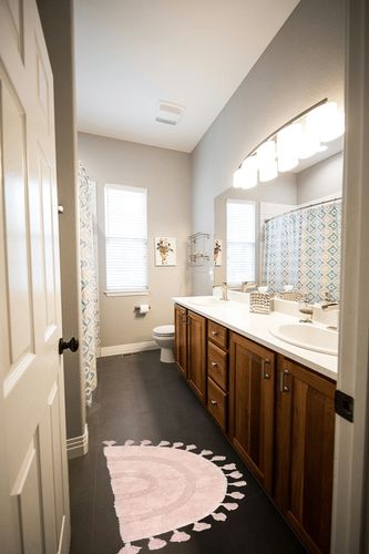 Cute Bathroom Rug Tufted Cotton Rug with Tassels Hand Woven Cotton Mat Washable Area Rug for Entryway Bedroom Laundry Living Room - 19.7"x31.5", Pink in Wooden and Grey Bathroom