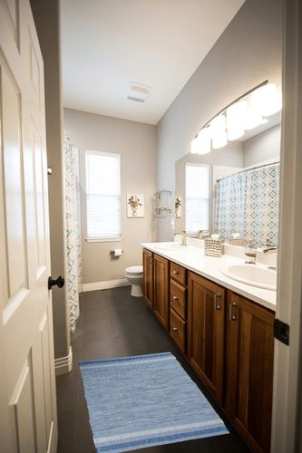 DII Variegated Recycled Yarn Modern Edge Stripe, 2x3', Blue in Wooden and Grey Bathroom