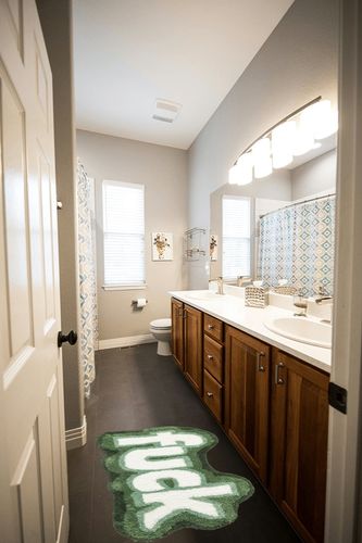 RoomTalks Green Cute Funky Bathroom Rugs Non Slip Washable, Shaggy Soft Absorbent Funny Cool Unique 2x3 Accent Throw Carpet Small Area Rugs for Bedroom Bathroom Dorm Kitchen Rude Swear Words Fuck Rug in Wooden and Grey Bathroom