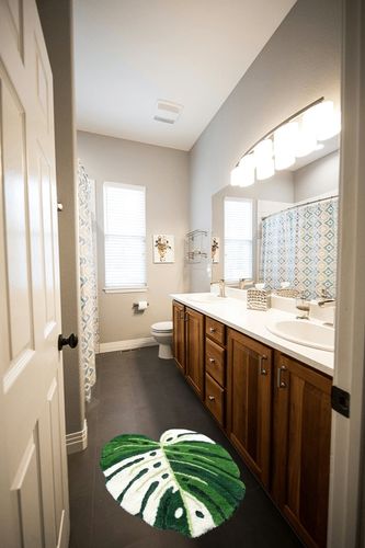 FrecklePot Albo Monstera Non Slip Bath Mat or Kitchen Tufted Rug | Plant Leaf Shaped Kids Pets Floor Mat Carpet, Green, 30" x 28" in Wooden and Grey Bathroom