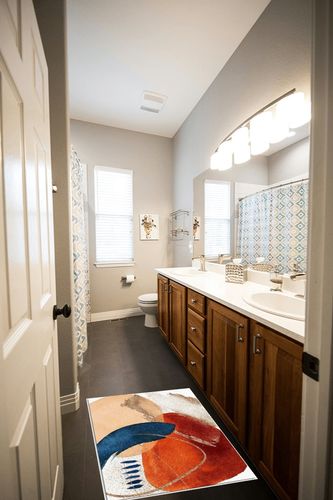 Rectangular Area Rug for Living Room, Bedroom, Blue Orange Red Boho Non-Slip Residential Carpet, Kitchen Rugs, Modern Geometric Abstract Art Middle Century Floor Mat with Rubber Backing 2' x 3' in Wooden and Grey Bathroom