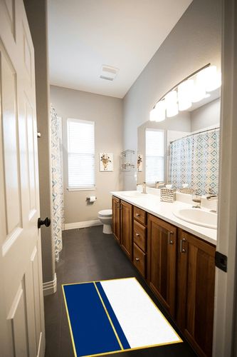 Area Rug for Bedroom Living Room- Navy Blue Yellow Stripes Geometric Modern Art Floor Carpet Comfy Runner Rug Nursery Playmats Home Decor Mat, 2'x3' in Wooden and Grey Bathroom