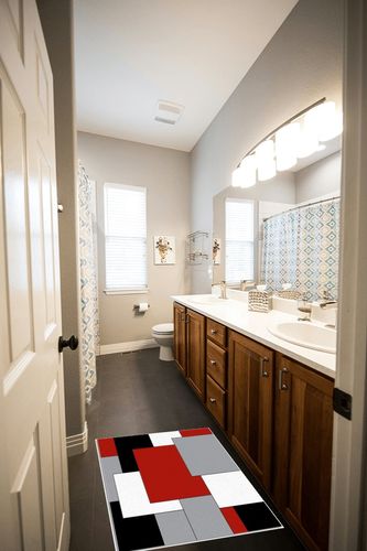 Red Black Geometric Area Rugs Indoor Non-Slip Rectangle Rug 2x3 ft, Abstract Color Block Red Black Gray Rug Rubber Backing Floor Mats Contemporary Home Decor Carpet for Entryway Living Room in Wooden and Grey Bathroom