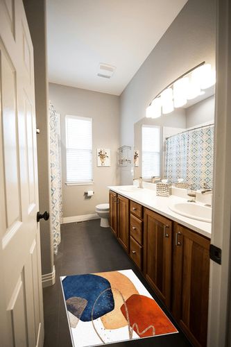 Geometric Rectangular Rug 2' x 3', Non-Slip Living Room Bedroom Dining Room Area Rug, Easy to Clean Carpet, Home Decor, Modern Abstract Art Blue Red Orange in Wooden and Grey Bathroom