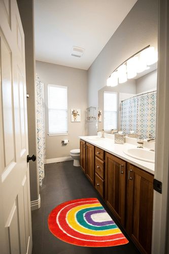 Cute Doormat for Kids - Microfiber Absorbent Bathroom Mats - Front Door Mat Carpet Floor Rug, Rainbow Shape 19.7" x 31.5" in Wooden and Grey Bathroom