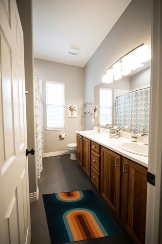 Lahome Boho Small Rug- 2x3 Washable Rug Ultra-Thin Rainbow Rugs for Entryway Non Slip Indoor Door Mat Modern Throw Carpet Kids Rug for Kitchen Bathroom Front Entrance Bedroom(2x3ft,Blue) in Wooden and Grey Bathroom