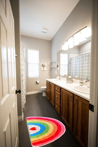 FWEHIO Cute Rainbow Bathroom Rugs Non-Slip Washable Absorbent Plush Microfiber Floor Doormats Bath Mat Super Soft for Entrance Decoration Indoor Water Absorption (40 * 80cm, Rainbow Sugar) in Wooden and Grey Bathroom