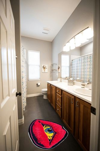 VBFGRT Interesting Red Lip Devil Eye Shape Plush Rugs Lovely Bedroom Comfortable Home Decoration Door Mat Cartoon Bathroom Absorbent Bath Mat Indoor Carpet Kitchen Non-Slip Mats, 31.5x19.5 in Wooden and Grey Bathroom