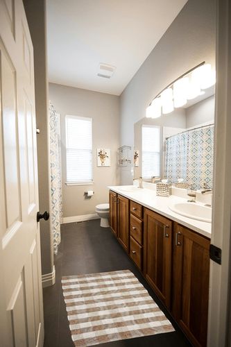 DII Buffalo Check Rug Collection, Hand Dyed Reversible Chindi Rug, 26x40, Stone/Cream in Wooden and Grey Bathroom