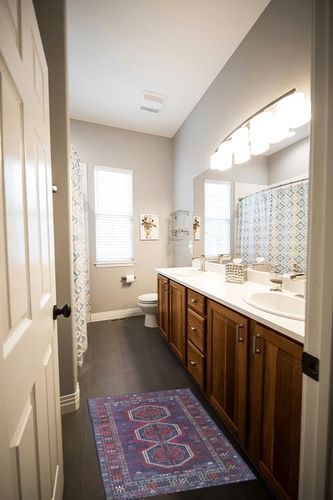 Fame Rugs Vintage Bohemian Area Rugs for Living Room, Bedroom, Navy Blue & Red, 2' x 3' in Wooden and Grey Bathroom