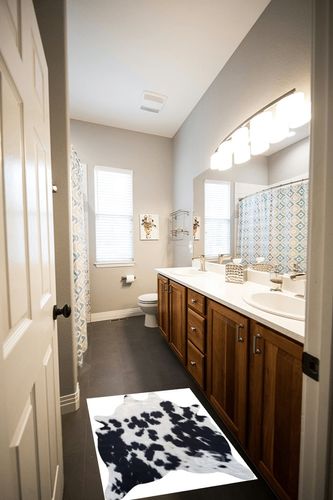 Genuine Mini Cowhide Rug Black and White 24 x 35 inches 90 x 60 cm in Wooden and Grey Bathroom