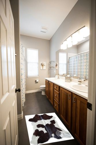 Genuine Calfskin Chocolate Dark Brown and White Calf Hide Cow Skin Cowhide Rug Leather Area Rug 3 x 3 ft. in Wooden and Grey Bathroom